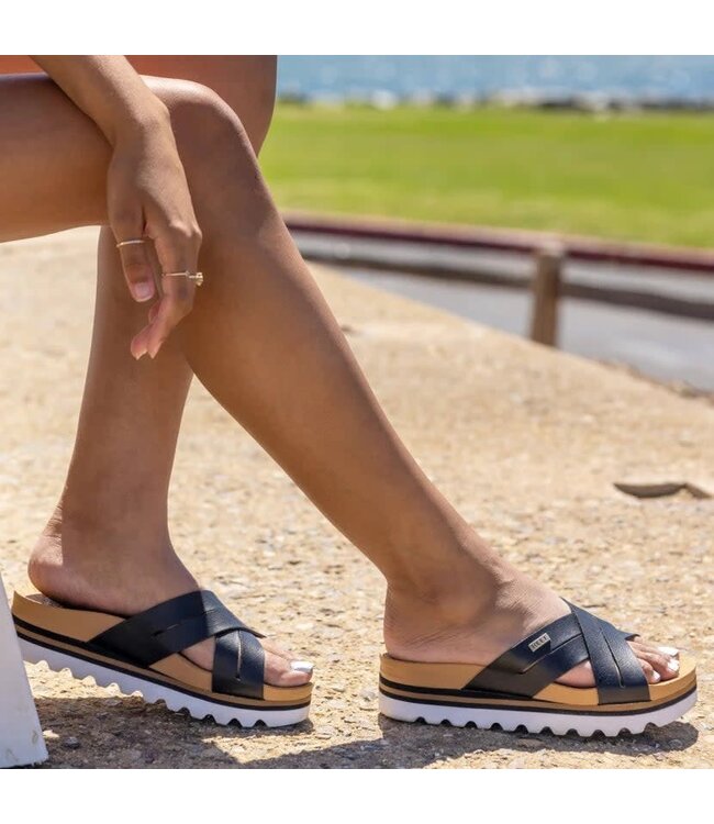 REEF WOMENS CUSHION BLOOM HI SLIDE SANDALS BLACK/TAN