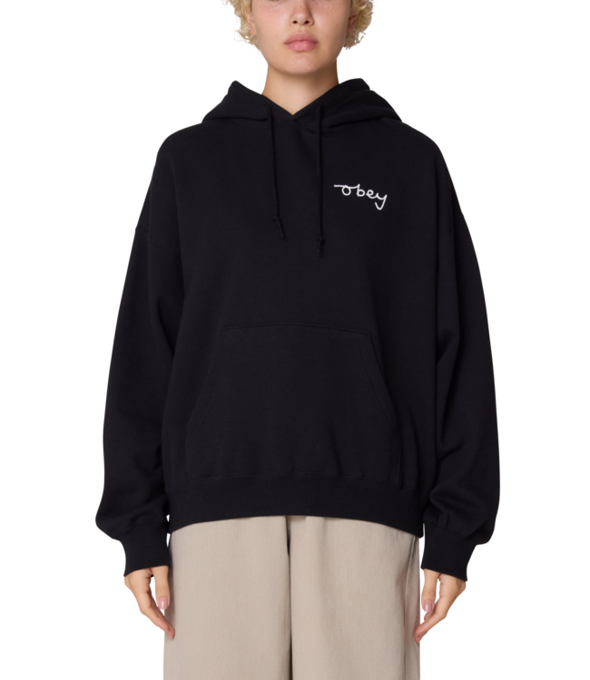 OBEY WOMENS CHAINSTITCH BAGGY RELAXED HOODIE DIGITAL BLACK