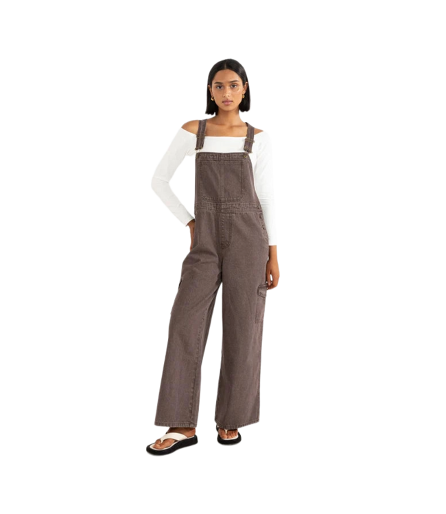RHYTHM WOMENS CHARLIE WIDE LEG CARGO OVERALLS CHOCOLATE