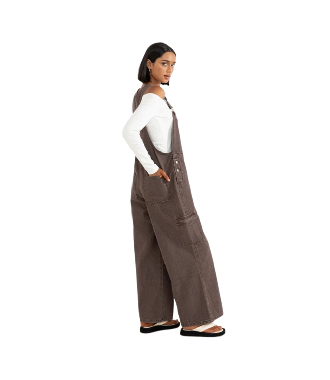 RHYTHM WOMENS CHARLIE WIDE LEG CARGO OVERALLS CHOCOLATE