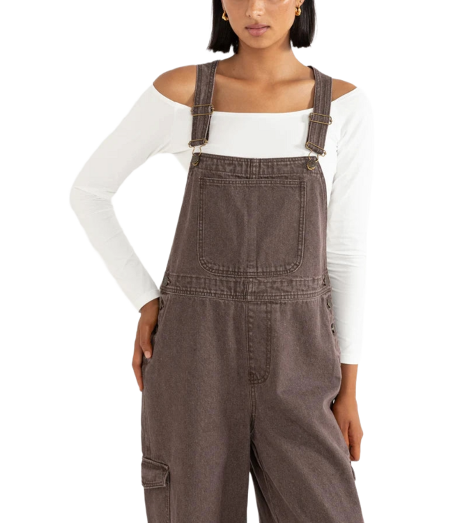 RHYTHM WOMENS CHARLIE WIDE LEG CARGO OVERALLS CHOCOLATE
