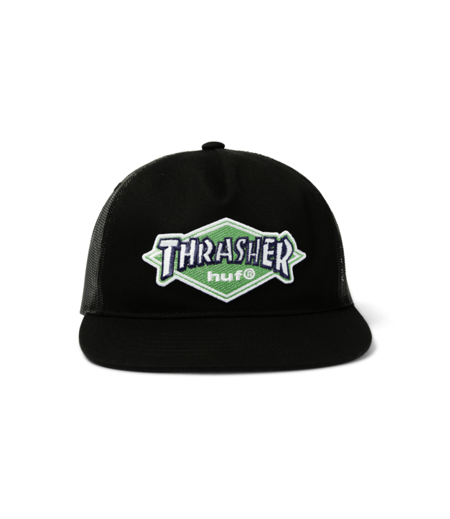 HUF X THRASHER MENS LOGO TWILL TRUCKER HAT BLACK