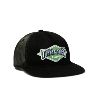 HUF X THRASHER MENS LOGO TWILL TRUCKER HAT BLACK