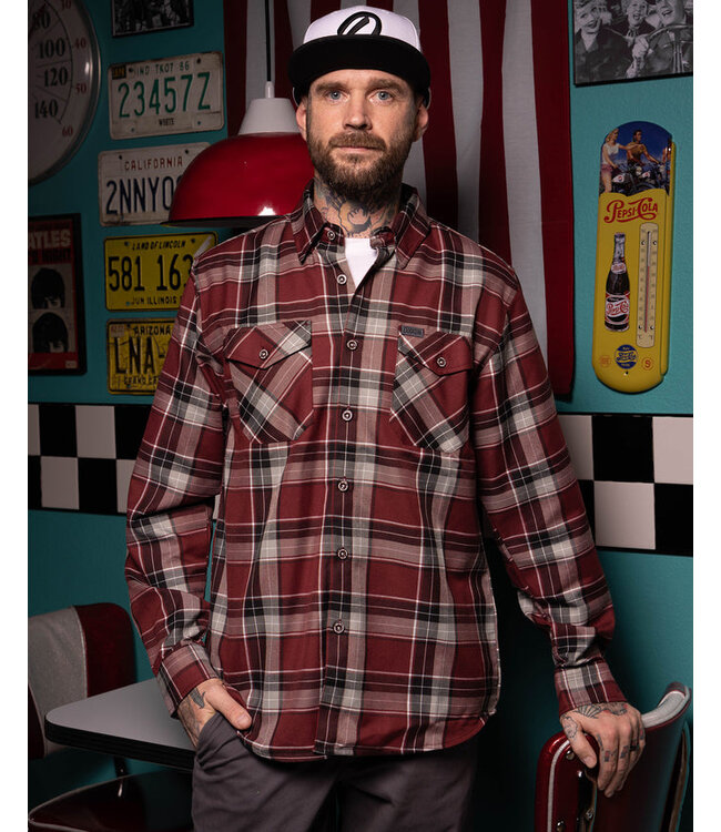 DIXXON MENS THE MEG LONG SLEEVE FLANNEL BURGUNDY/BLACK