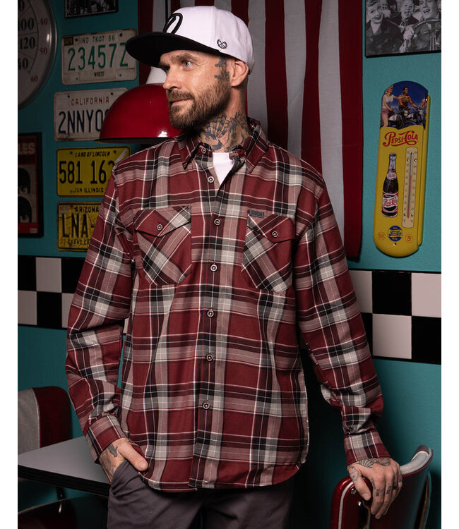 DIXXON MENS THE MEG LONG SLEEVE FLANNEL BURGUNDY/BLACK