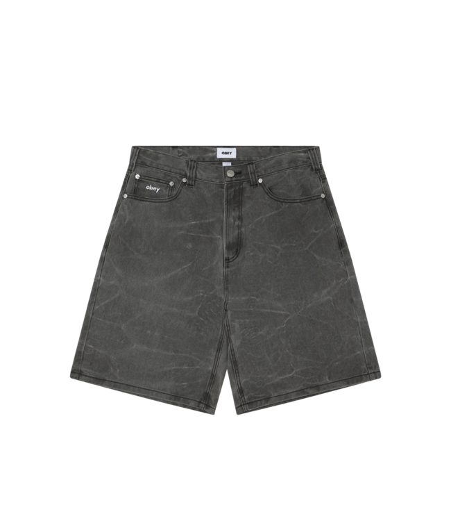 OBEY MENS BIGWIG BAGGY DENIM SHORTS BLACK WRINKLE WASH