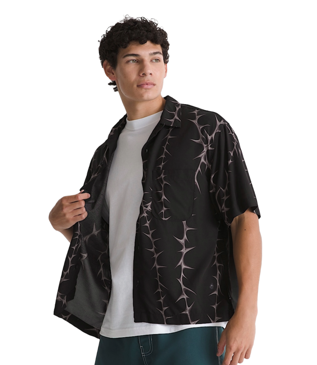 VANS MENS VAN DOREN PRINTED CAMP SHORT SLEEVE SHIRT BLACK