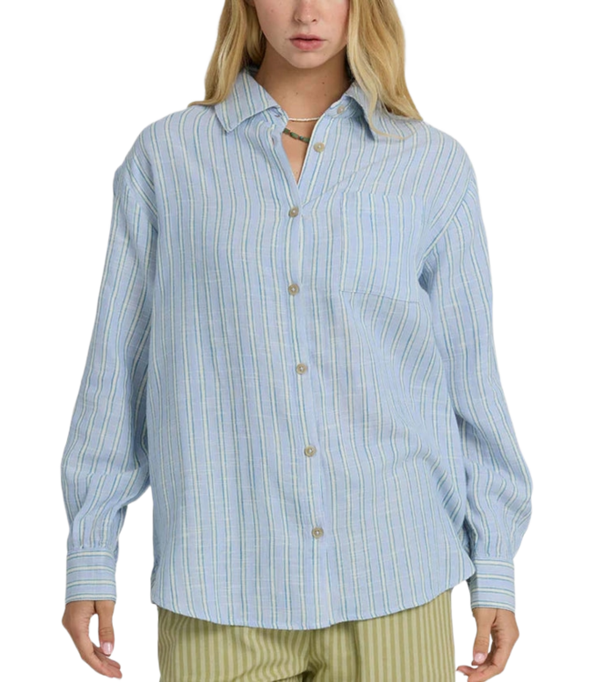 BILLABONG WOMENS WANDERER PRINTED WOVEN LONG SLEEVE SHIRT TWILIGHT BLUE