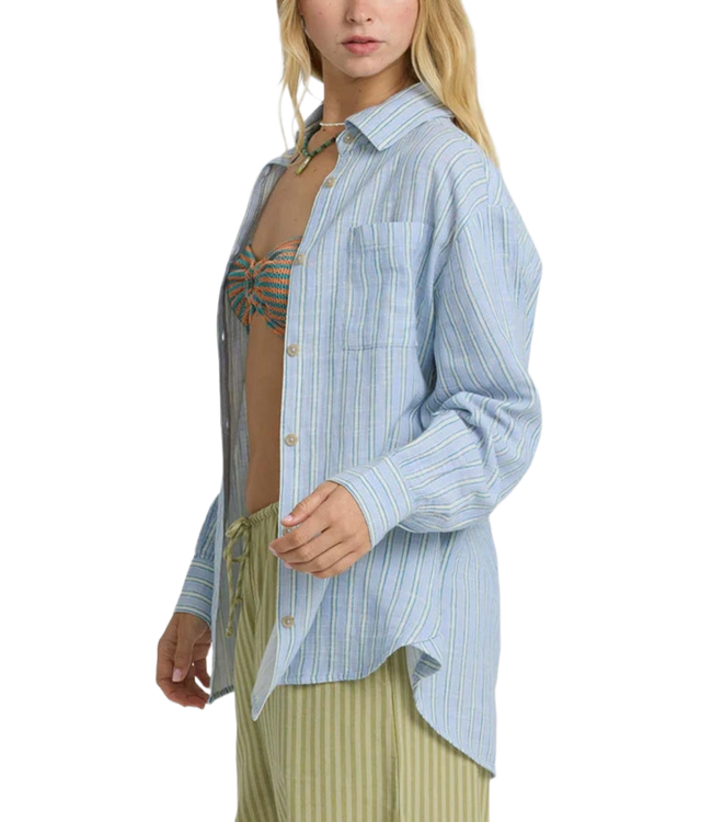 BILLABONG WOMENS WANDERER PRINTED WOVEN LONG SLEEVE SHIRT TWILIGHT BLUE