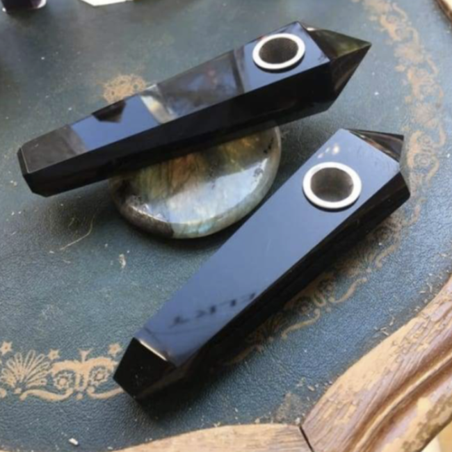 Black Obsidian Crystal Pipes with Screen