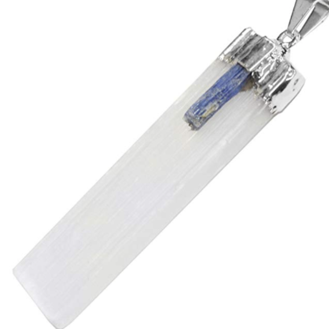 Selenite (Satin Spar Gypsum) Blue Kyanite Pendants - Flat Blade Rough Raw Natural - Silver Plated Cap (2")