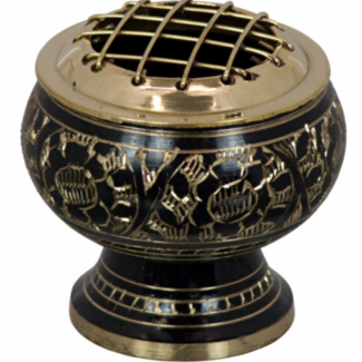 Charcoal Brass Burner Flower Engraved Small with Grid - Black