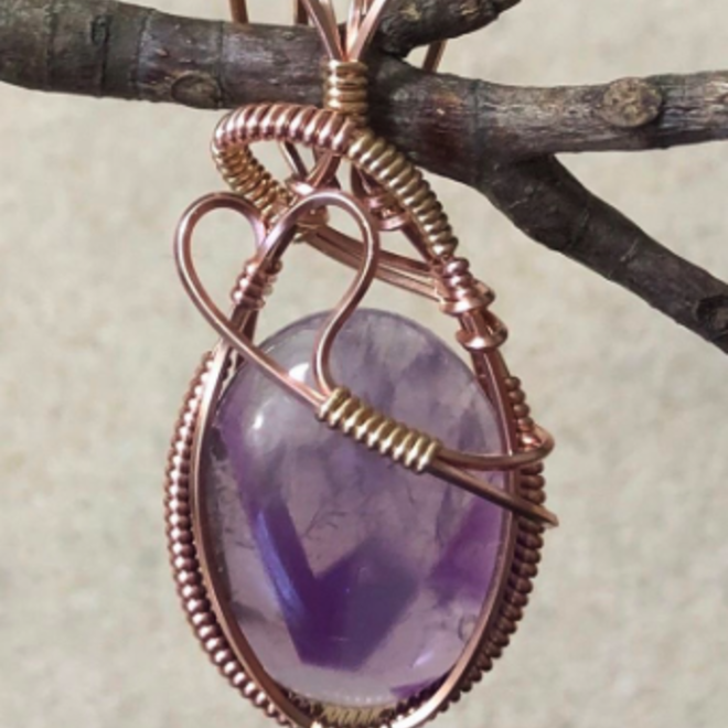 Amethyst Pendant & Necklace-Wire Wrapped Amulet Rose Gold