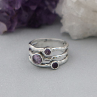 Amethyst Triple Wrap Ring - Size 6 Faceted Round - Sterling Silver