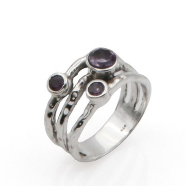 Amethyst Triple Wrap Ring - Size 6 Faceted Round - Sterling Silver