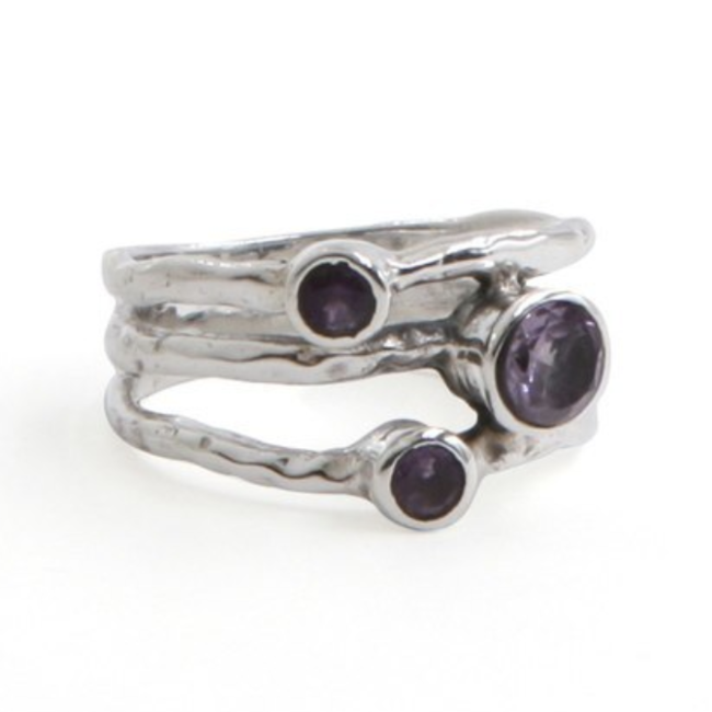 Amethyst Triple Wrap Ring - Size 6 Faceted Round - Sterling Silver