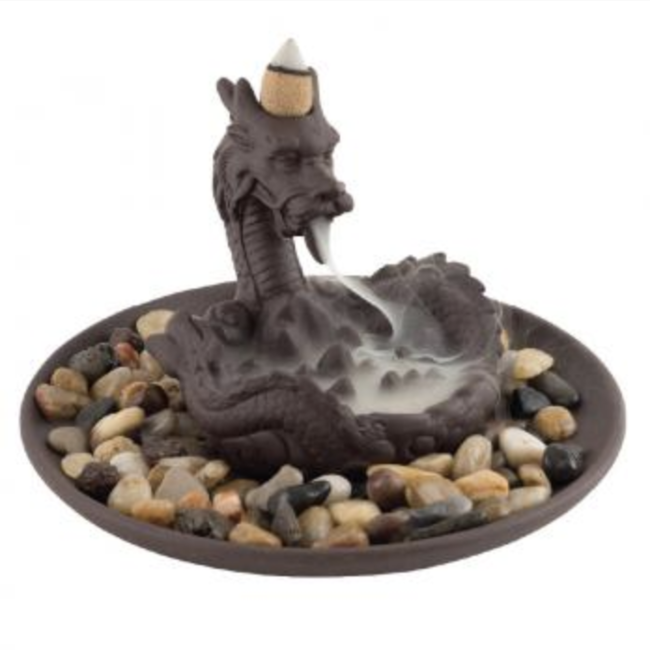 Backflow Reverse Incense Cone Burner - (Dragon) on Ceramic Clay Plate & Stones-Set Kit