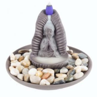 Backflow Reverse Incense Cone Burner - (Buddha Leaf) on Ceramic Clay Plate & Stone-Set Kit