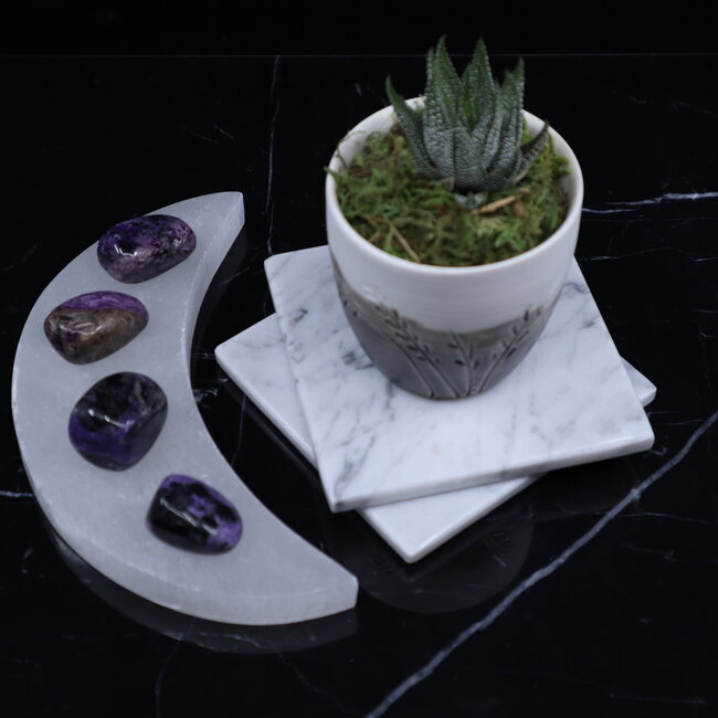 Selenite (Satin Spar Gypsum) Charging Disks Plates - Crescent Moon Medium