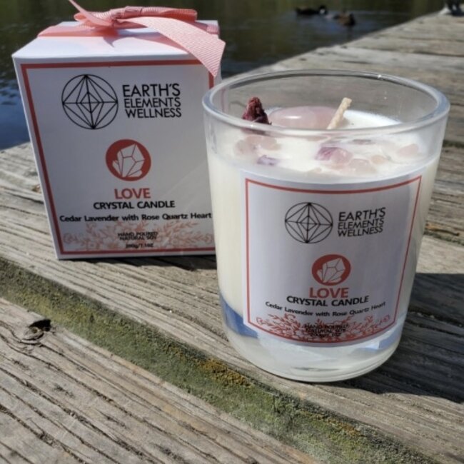 Love Crystal Candle - Cedar Lavender - Rose Quartz Heart - Earth's Elements
