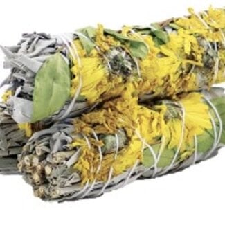 White Sage & Sunflower Floral Bundle Smudge Stick   - 4"