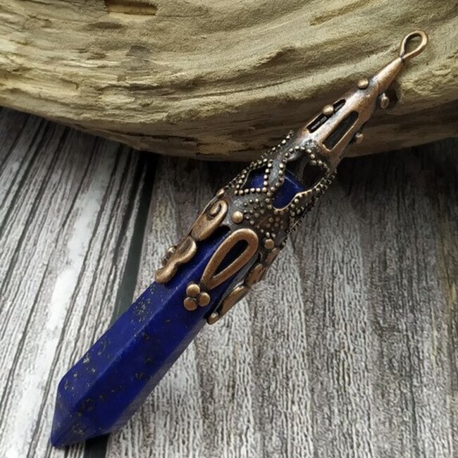 Lapis Lazuli Pendulum - Faceted Point (Antique Bronze) Boho Vintage