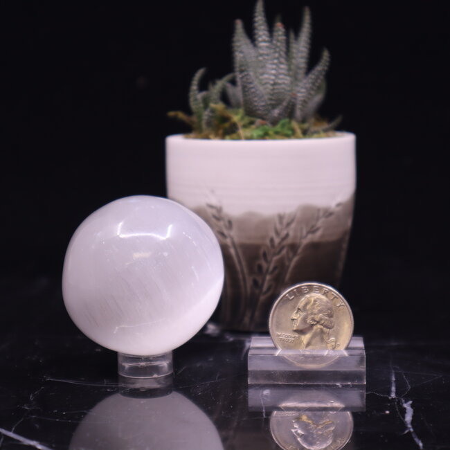 Selenite (Satin Spar Gypsum) Sphere Orb - Medium 45mm & Sphere Stand