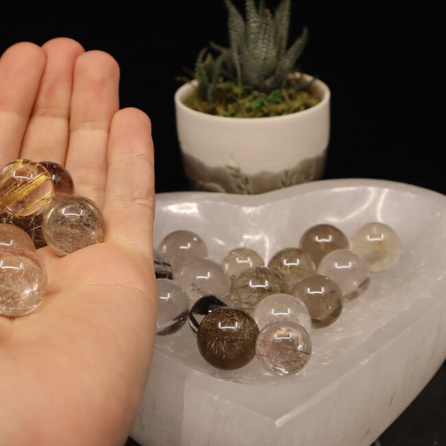 Gold (Golden Rutile Angel Venus Hair) Rutilated Quartz Sphere Orb (AAA Grade) - 5-10mm with Stand