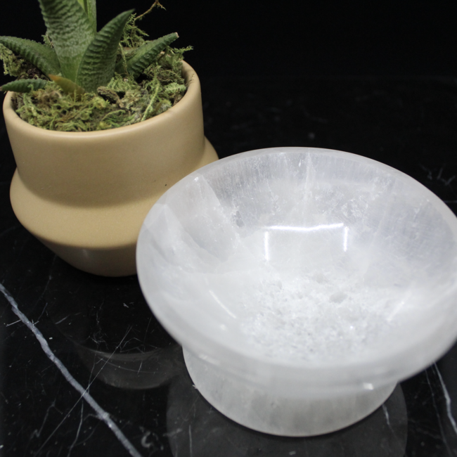 Selenite (Satin Spar Gypsum) Charging Bowl Dish on Pedestal - 4" Medium