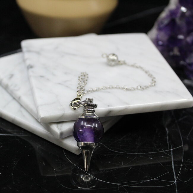 Amethyst Pendulums - Round Sephoroton Dowsing Divination Silver Chain - Gemstone Crystal