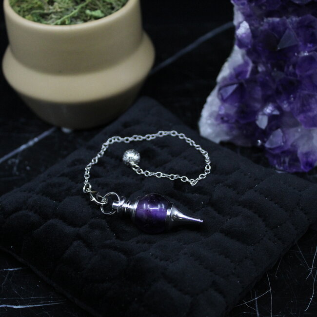 Amethyst Pendulums - Round Sephoroton Dowsing Divination Silver Chain - Gemstone Crystal