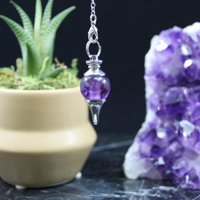 Amethyst Pendulums - Round Sephoroton Dowsing Divination Silver Chain - Gemstone Crystal