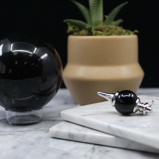 Black Obsidian Pendulums - Round Sephoroton Dowsing Divination Silver Chain - Gemstone Crystal