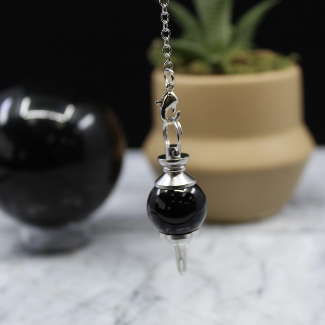 Black Obsidian Pendulums - Round Sephoroton Dowsing Divination Silver Chain - Gemstone Crystal