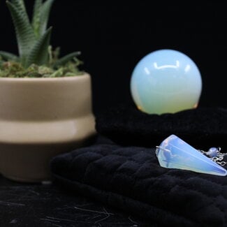 Opalite Pendulum-Dowsing Hexagonal Faceted Cone Point Divination-Silver Chain-Crystal Gemstone