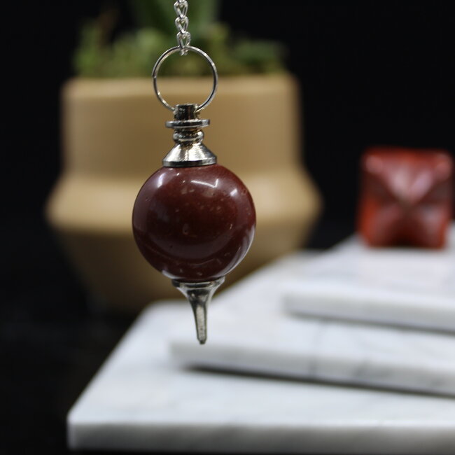 Red Jasper Pendulums - Round Sephoroton Dowsing Divination Silver Chain - Gemstone Crystal