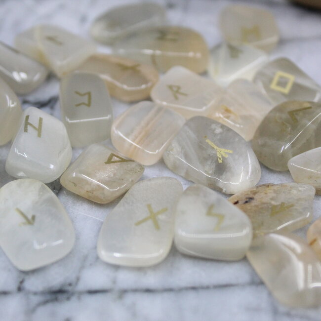 White (Rainbow) Moonstone Runes Set (Mini) - Velvet Bag Divination Tool Elder Futhark Casting Nordic