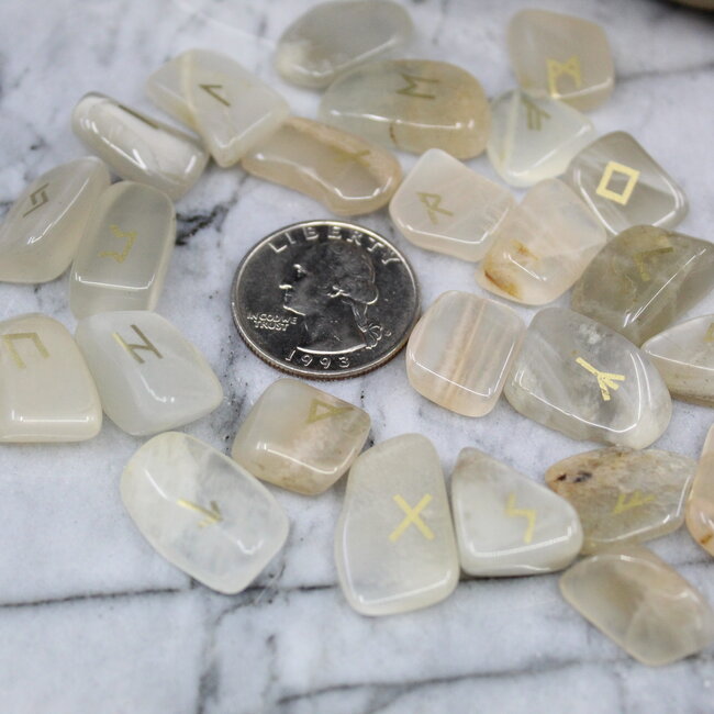 White (Rainbow) Moonstone Runes Set (Mini) - Velvet Bag Divination Tool Elder Futhark Casting Nordic
