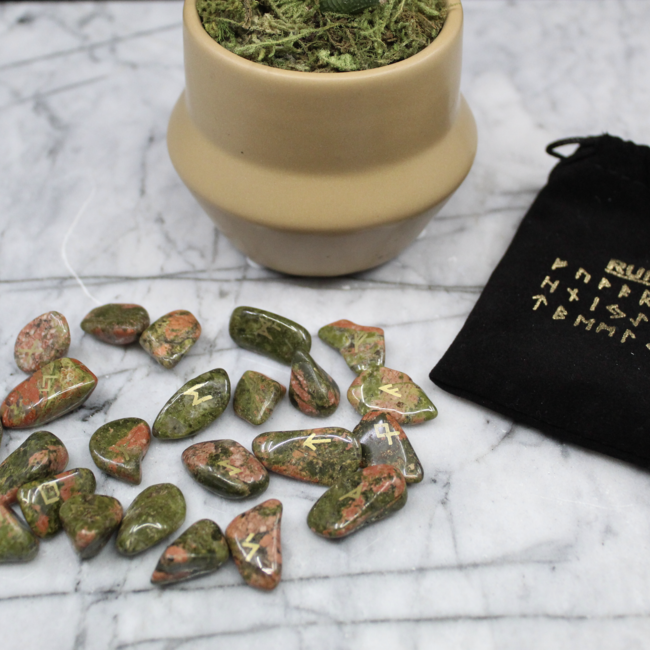 Unakite Jasper Runes Set (Mini) - Velvet Bag Divination Tool Elder Futhark Casting Nordic