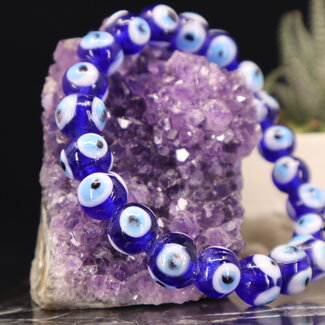 Evil Eye Bracelet - Glass Beads Dark Blue 8mm - Stretchy Elastic