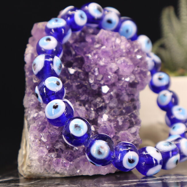 Evil Eye Bracelet - Glass Beads Dark Blue 8mm - Stretchy Elastic