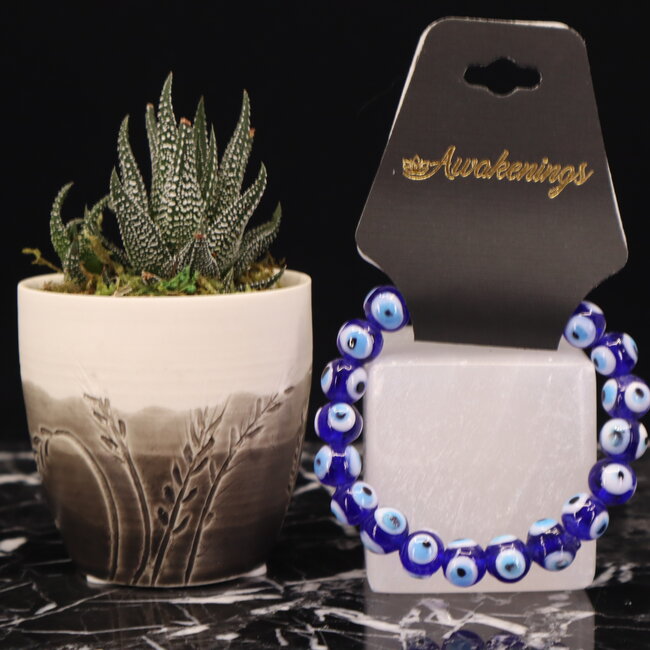 Evil Eye Bracelet - Glass Beads Dark Blue 8mm - Stretchy Elastic