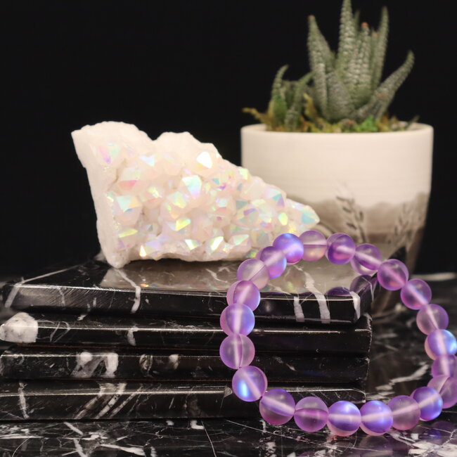 Frosted Mermaid Glass Purple Aura Bracelets - 8mm