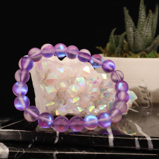 Frosted Mermaid Glass Purple Aura Bracelets - 8mm