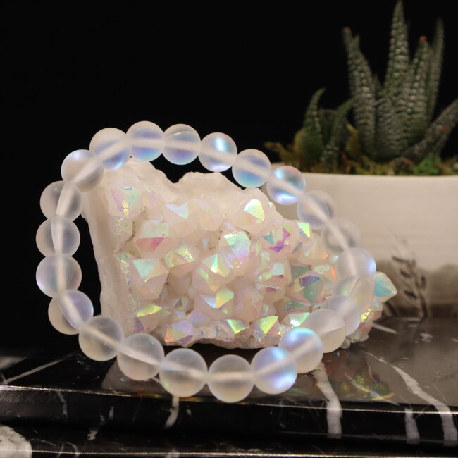 Frosted Mermaid Glass White Aura  Bracelet - 8mm