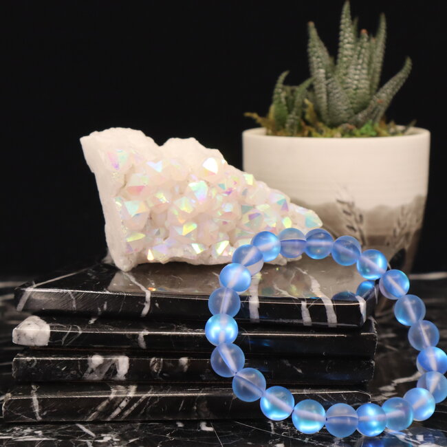 Frosted Mermaid Glass Dark Blue Aura Bracelets - 8mm Colbalt