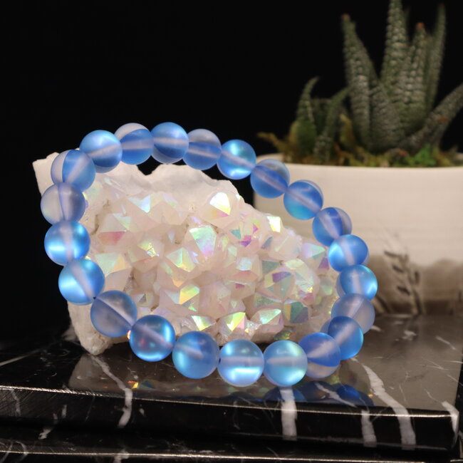Frosted Mermaid Glass Dark Blue Aura Bracelets - 8mm Colbalt