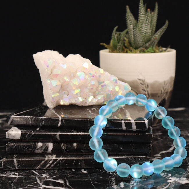 Frosted Mermaid Glass Light Blue Aqua Aura Bracelets - 8mm