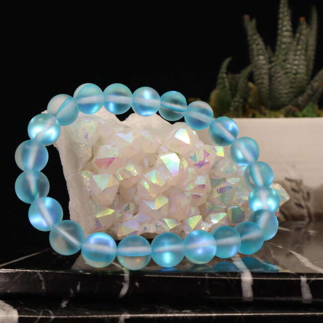 Frosted Mermaid Glass Light Blue Aqua Aura Bracelets - 8mm