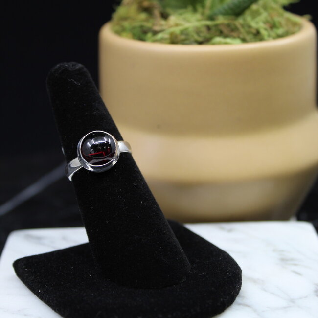 Garnet Rings - Size 6 Circle Round Bezel Set - Sterling Silver